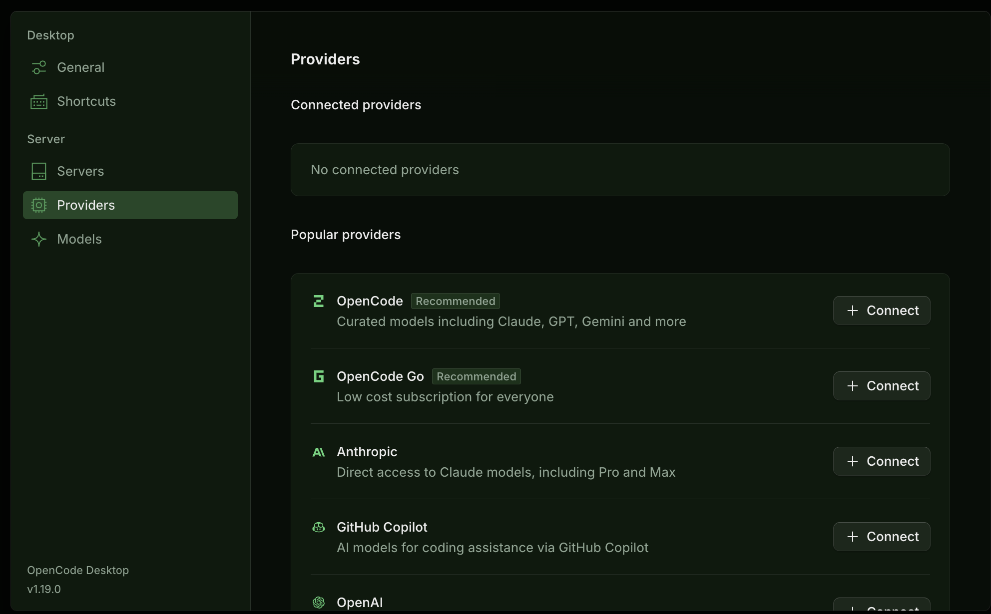 OpenCode Desktop providers settings page listing OpenCode Zen and OpenCode Go at the top, both marked Recommended, above Anthropic, GitHub Copilot and OpenAI.