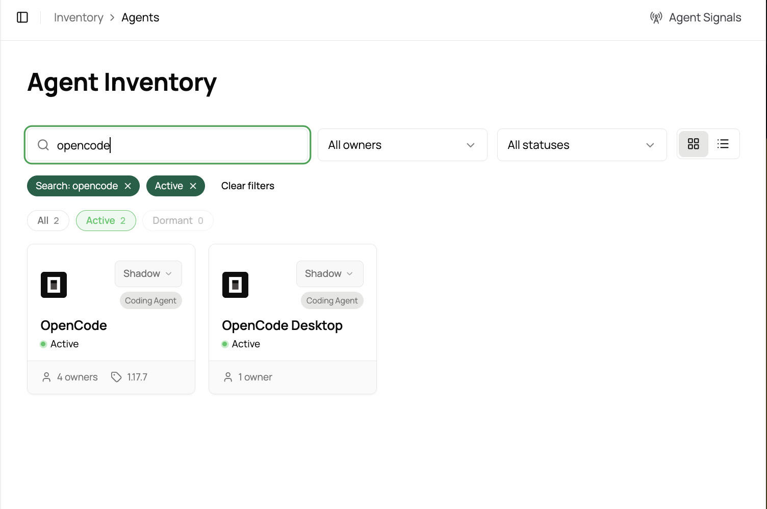 Optimus Labs Agent Inventory filtered to opencode, showing the OpenCode CLI and desktop app, both active and both marked Shadow.
