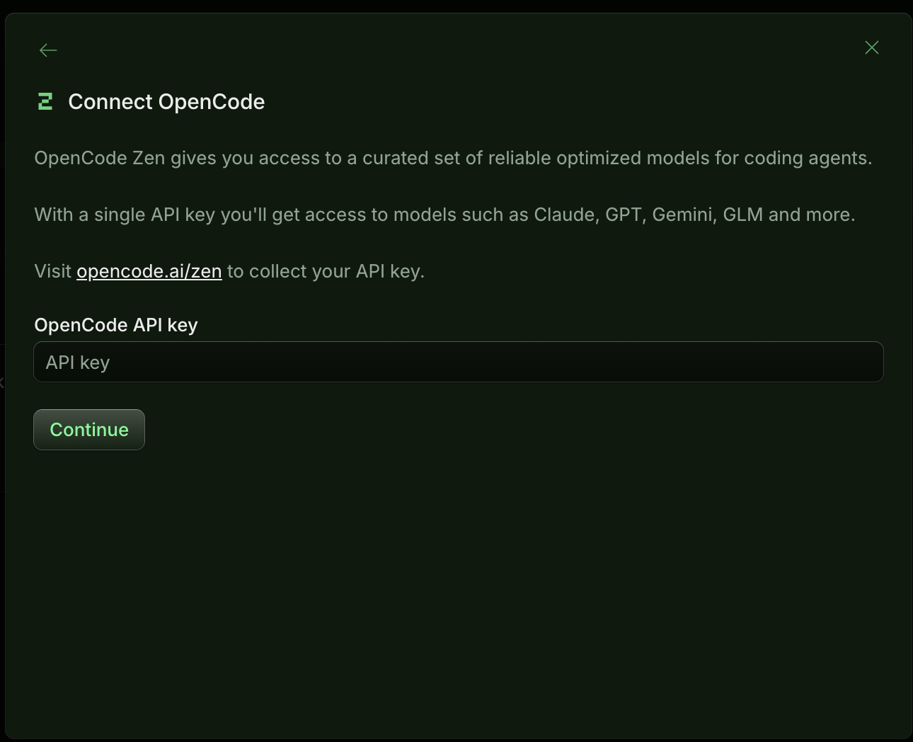 OpenCode Desktop Connect Zen dialog asking for a single API key from opencode.ai/zen.