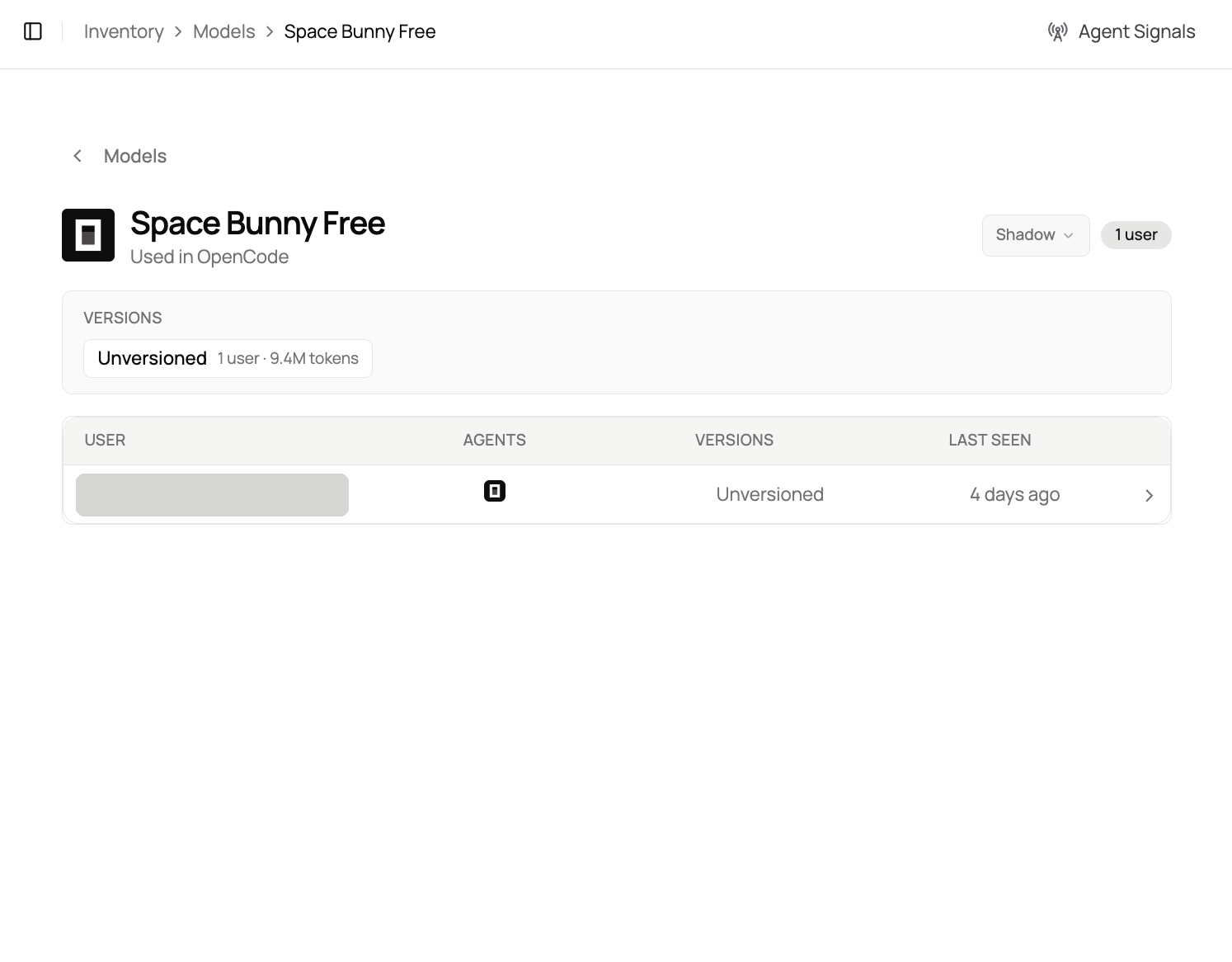 Optimus Labs model page for space-bunny-free tracing the model back to OpenCode and a single user, with the user's name greyed out.